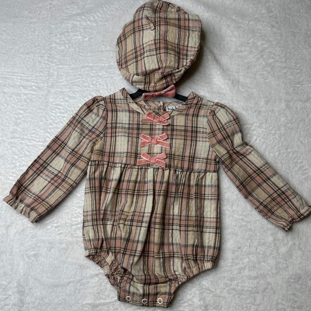 Nicole Miller Plaid Romper & Beret Set Baby Girls 6/9M Pink Tan Bows